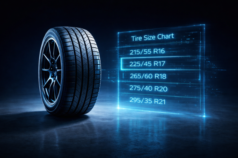 Futuristic tire size chart diagram showing metric and inch equivalents